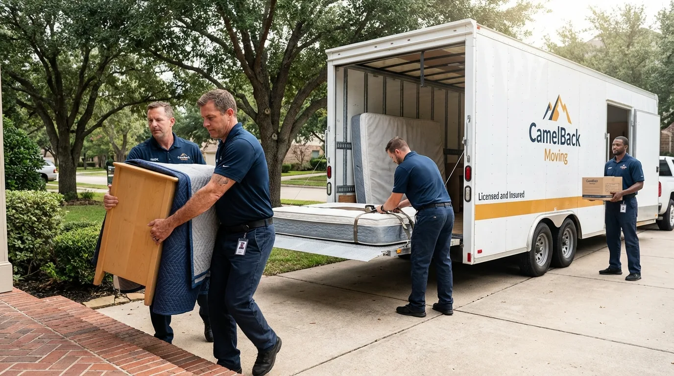 Crew loading residential truck for cross-state move from Plainview, MN