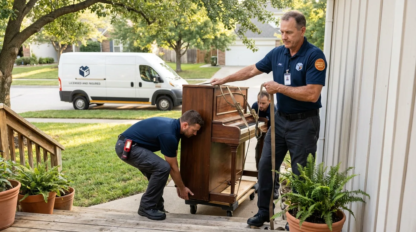 Licensed piano movers securing grand piano in Plainview, MN