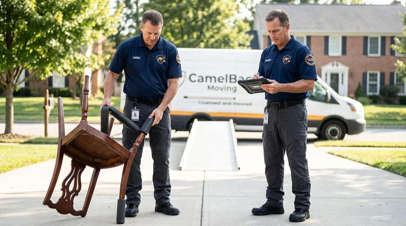 Movers inspecting furniture for damage prevention before loading in Plainview, MN