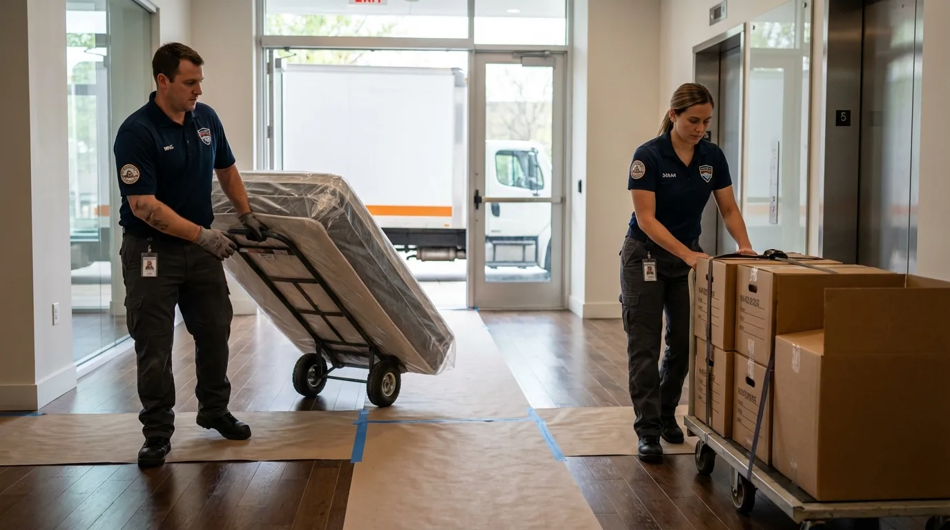 Professional apartment movers loading elevator in Plainview, MN